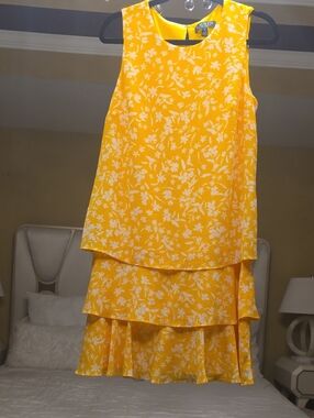 Lauren Ralph Lauren Yellow and White Floral Tiered Mini Dress Size 12